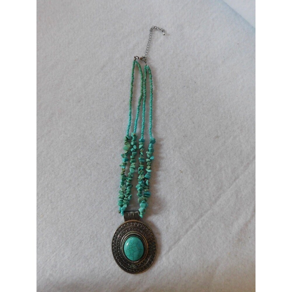 Turquoise Beaded Necklace Large Pendant Boho Southwestern Statement